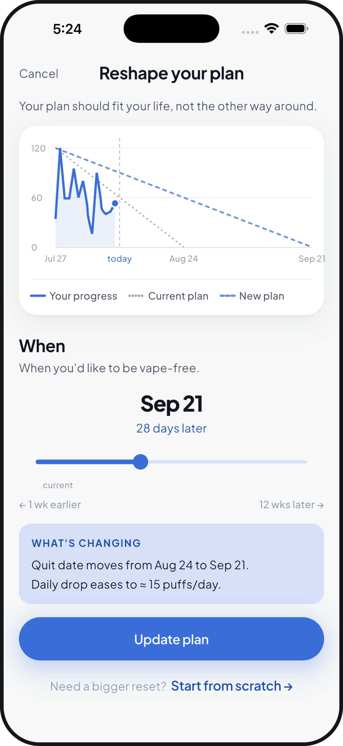 Taper plan screen showing the weekly puff limit stepping down to a quit date of 21 September